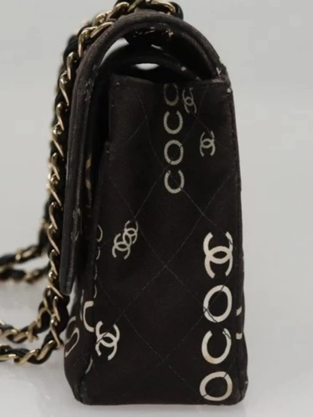 CHANEL Matelasse 25 Chain Shoulder Bag Canvas Black Gold CC Auth 108396